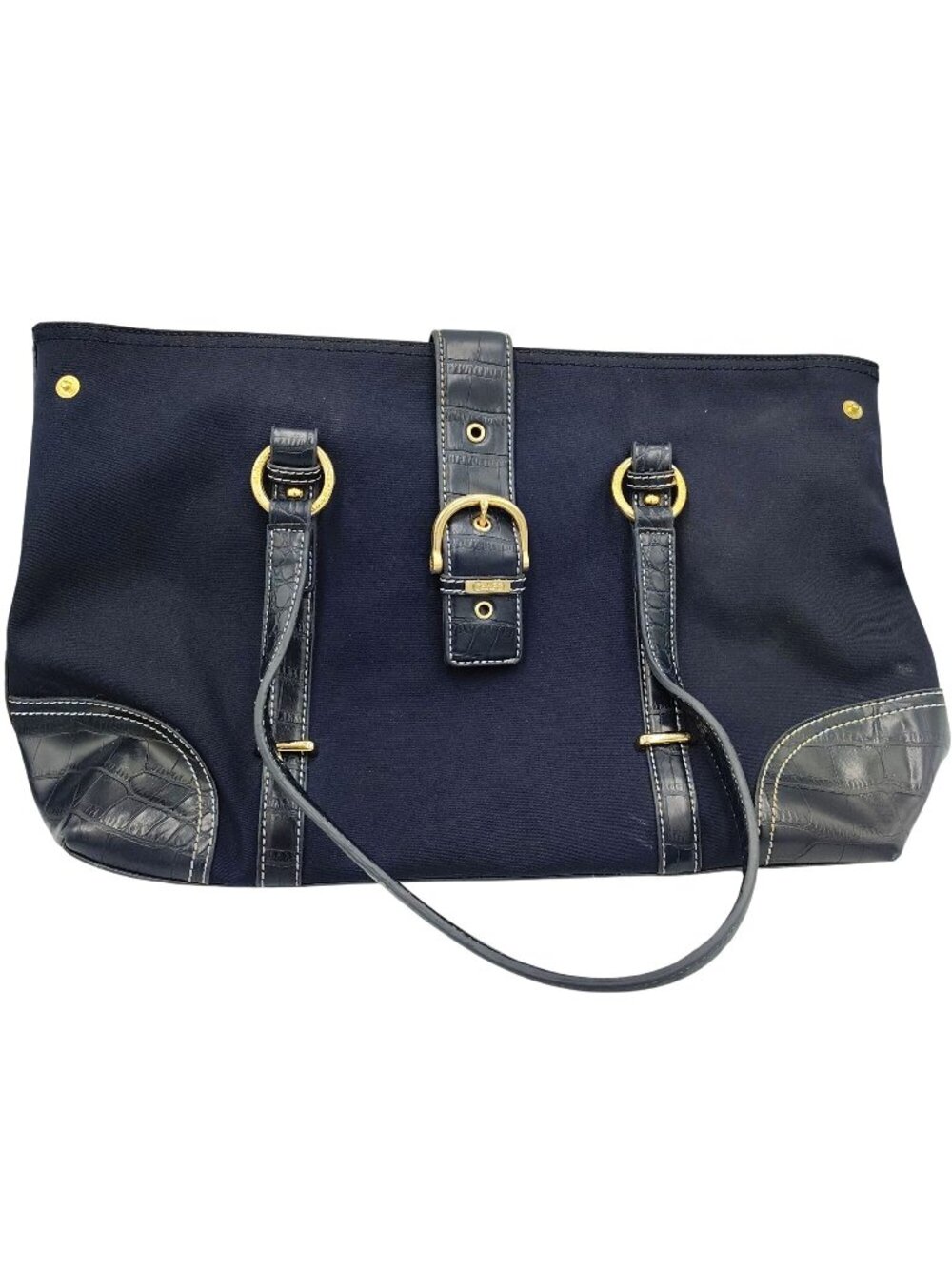 Navy Blue Tote Bag Chaps Faux Croc Trim Shoulder Purse Large Work Classic